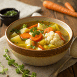 Bowl of creamy vegan vegetable soup with fresh parsley garnish on a wooden table.