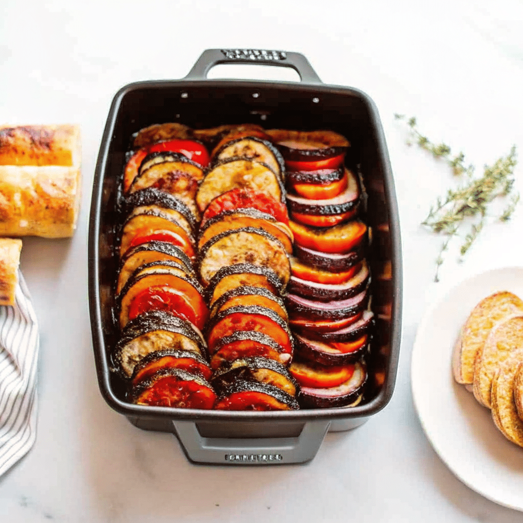 A colorful Greek Vegetable Bake fresh out of the oven, topped with crumbled feta and garnished with parsley.