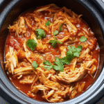 Slow Cooker Chicken Tinga served in a bowl with shredded chicken in smoky chipotle tomato sauce, garnished with fresh cilantro.