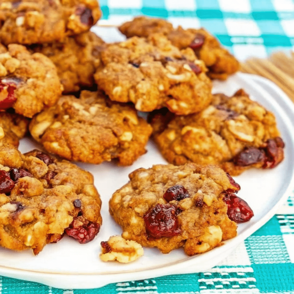 A tray of freshly baked Christmas Rock Cookies with walnuts, raisins, dates, and candied cherries.