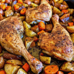 Sheet Pan Christmas Chicken and Sweet Potatoes with golden roasted chicken and caramelized sweet and white potatoes