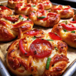 Golden Christmas Pizza Bites topped with melted mozzarella, pepperoni, and colorful red and green bell peppers on a serving platter
