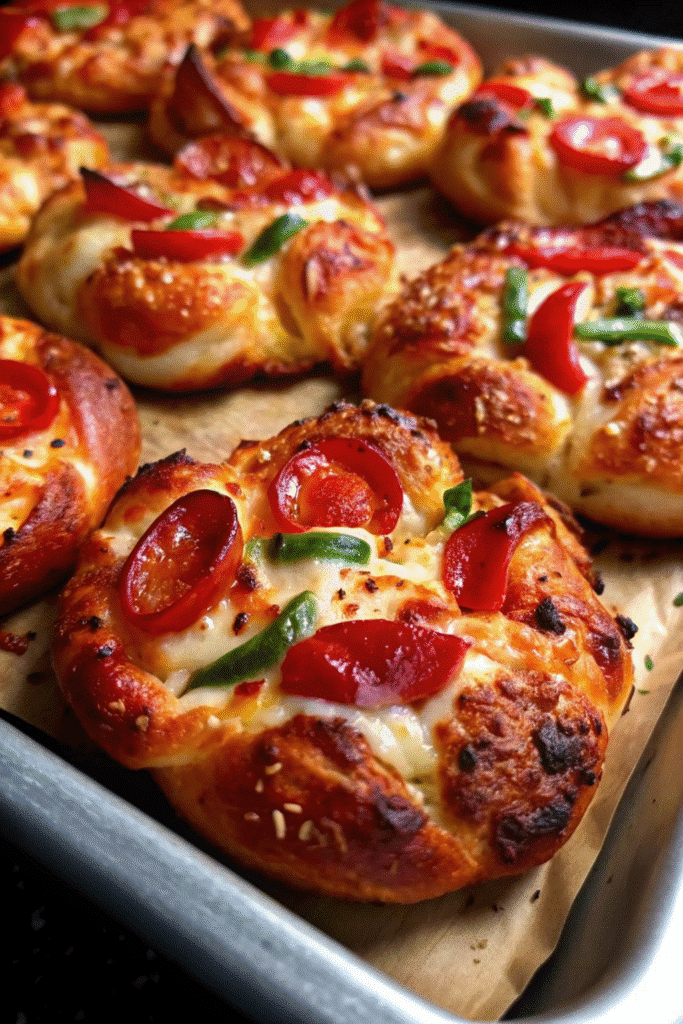 Christmas Pizza Bites Recipe 3 Close-up of bite-sized Christmas Pizza Bites with crescent roll dough, melted cheese, and red and green bell pepper toppings