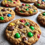 Freshly baked Christmas Kitchen Sink Cookies on a cooling rack, loaded with chocolate chips, M&M’s, and pretzels.