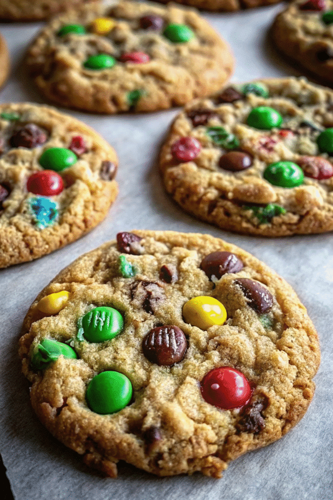 A batch of festive Christmas Kitchen Sink Cookies with chocolate, nuts, and M&M’s arranged on a plate.