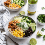 Slow Cooker Chicken Burrito Bowl with shredded chicken, black beans, corn, and salsa served over rice