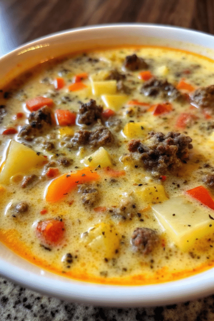 Crock Pot Cheeseburger Soup Recipe 3 Creamy Crock Pot Cheeseburger Soup served hot with cheese and sour cream topping