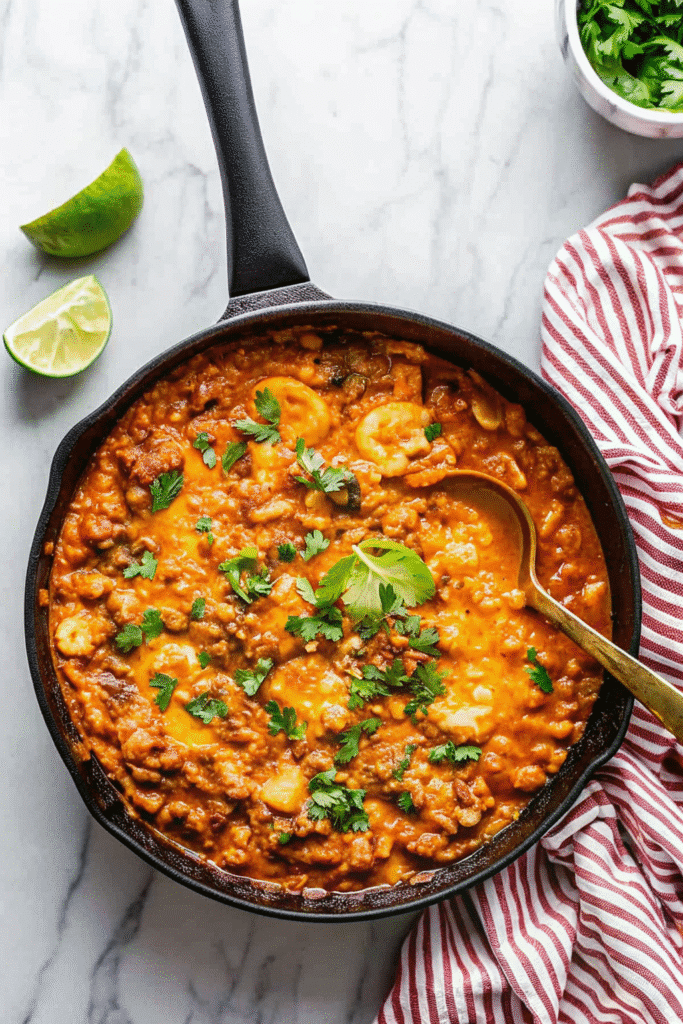 Mexican Keto Ground Beef Casserole Recipe 4 Baked Mexican Keto Ground Beef Casserole served in a baking dish, garnished with cilantro