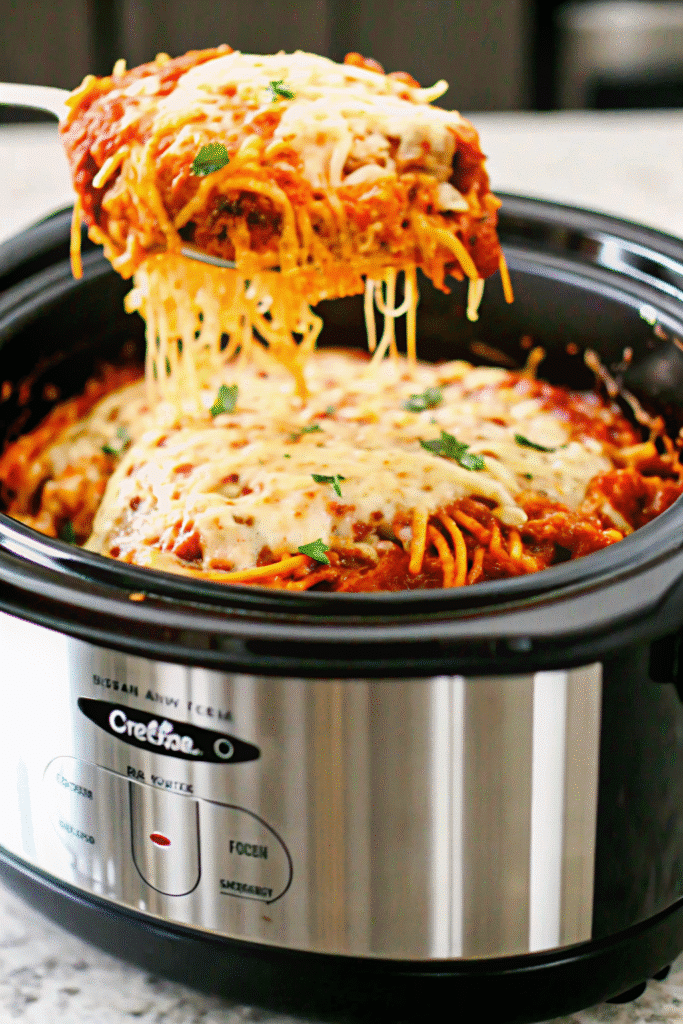 Crock Pot Million Dollar Spaghetti Recipe 4 Slow-cooked Million Dollar Spaghetti topped with melted mozzarella and parsley