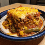 Slow Cooker Cowboy Casserole with ground beef, corn, green beans, diced tomatoes, and melted cheddar cheese in a white serving dish.