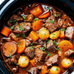 Slow Cooker Beef Bourguignon served in a bowl with tender beef, carrots, mushrooms, and garnished with fresh parsley.