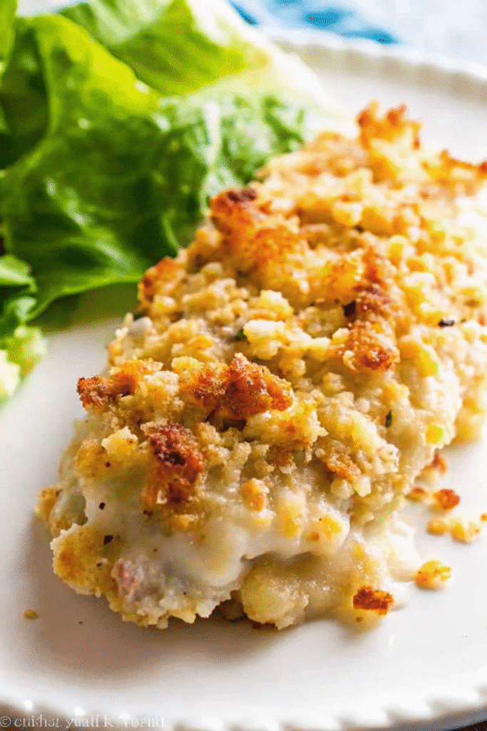 Christmas Day Chicken Recipe 4 Golden baked Christmas Day Chicken with crispy buttered cracker coating served on a festive holiday platter.