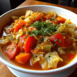 Bowl of freshly made Weight Watchers Cabbage Soup with vibrant vegetables and herbs.