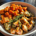 Bowl of Maple Dijon Chicken with roasted sweet potatoes, glazed chicken thighs, and a golden maple mustard coating.