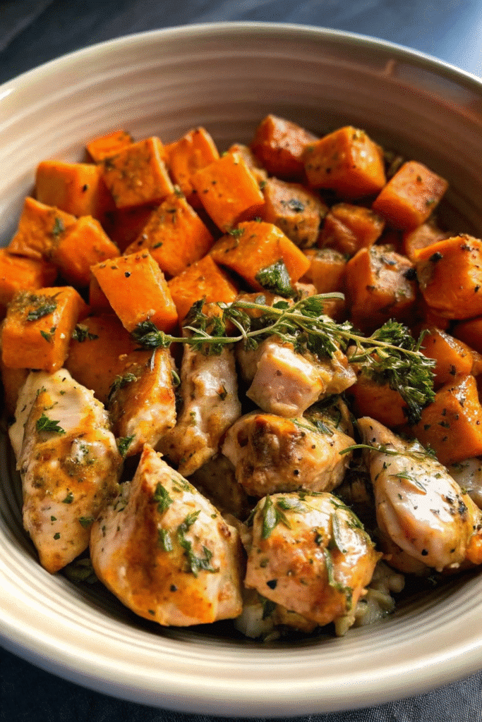 Close-up of Maple Dijon Chicken Bowl with tender chicken, roasted sweet potatoes, and flavorful glaze.
