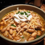 Creamy crockpot white chicken chili in a bowl, garnished with cilantro, shredded cheese, and a dollop of sour cream