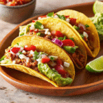Crispy taco shells filled with seasoned ground beef, shredded lettuce, diced tomatoes, cheddar cheese, and sour cream.