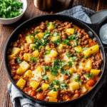Tex Mex Ground Beef and Potato Skillet with melted cheddar and fresh cilantro in a cast-iron pan