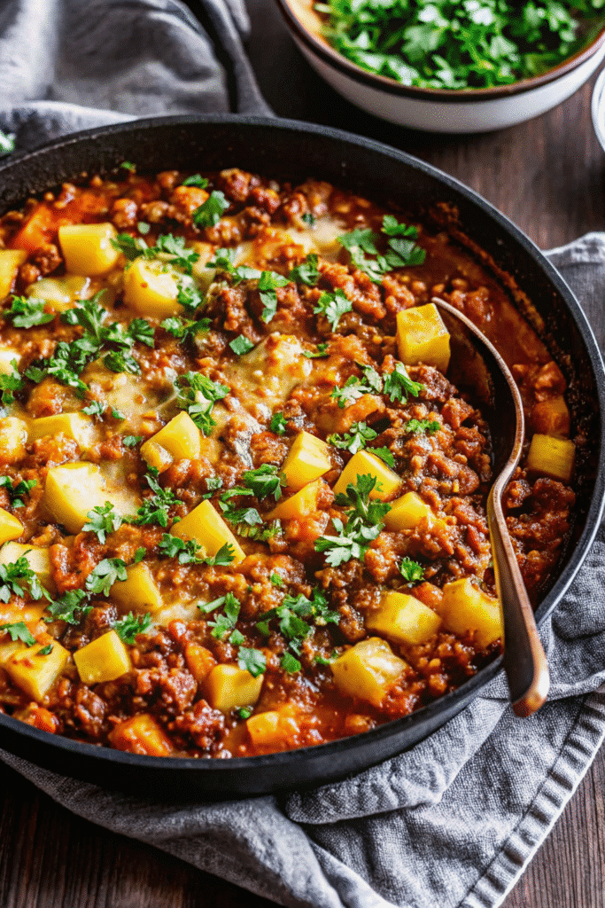 Tex Mex Ground Beef And Potato Skillet Recipe 3 One-pan Tex Mex Ground Beef and Potato Skillet served with green onions and cheddar cheese