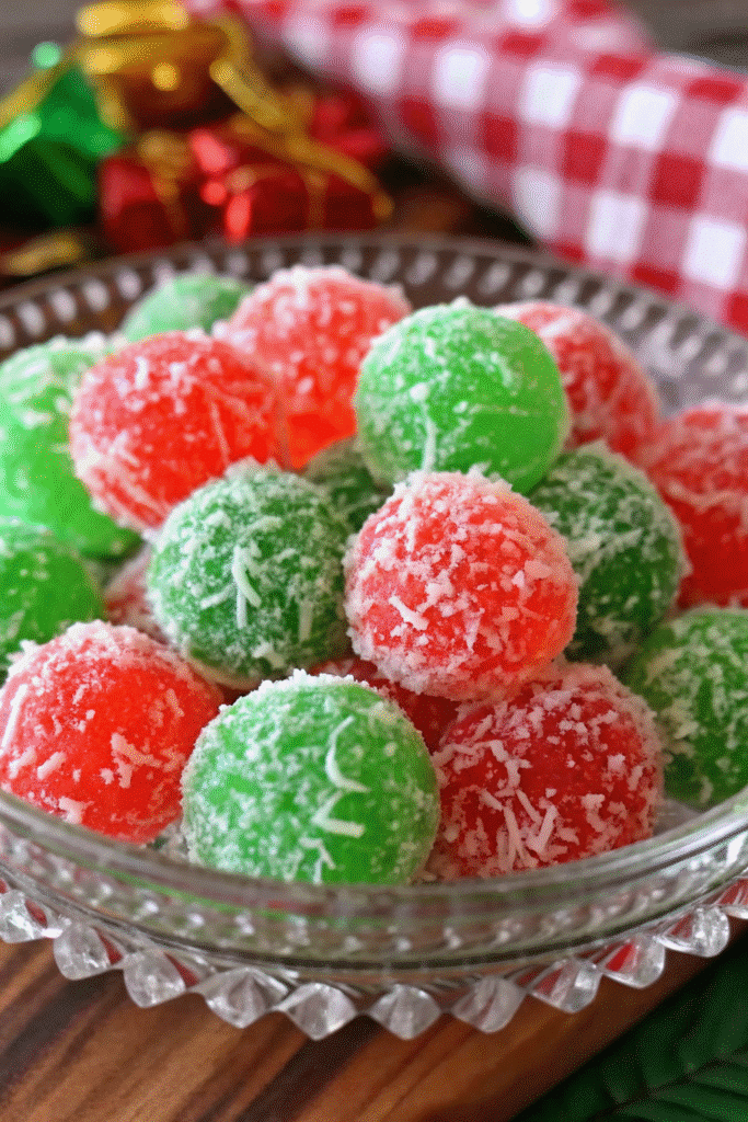 Bite-sized red and green Jello Balls rolled in coconut, ready to serve for a holiday dessert table.