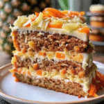Moist carrot cake topped with creamy cream cheese frosting, garnished with chopped walnuts and pineapple bits