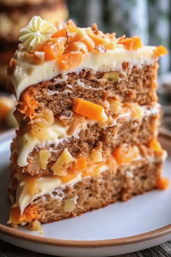 Carrot Cake Recipe With Pineapple Recipe 3 Slice of carrot cake with pineapple served on a plate, showing layers of moist cake and frosting