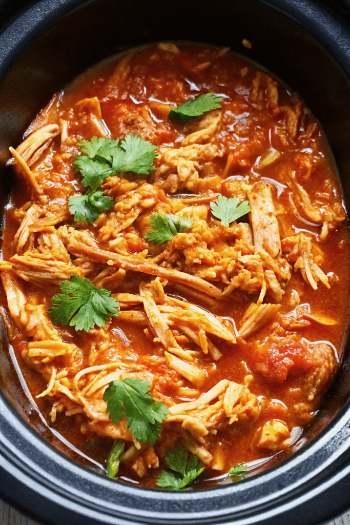 Close-up of Slow Cooker Chicken Tinga with fire-roasted tomatoes and shredded chicken, ready to serve.