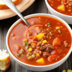 Hearty Crock Pot Vegetable Beef Soup with tender beef, carrots, potatoes, green beans, and corn in a rustic bowl.