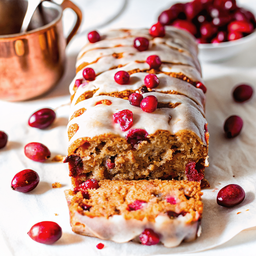 Christmas Cranberry Loaf sliced on a wooden board, showing its golden crust and vibrant cranberries.