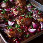 Roasted Pomegranate Chicken thighs with caramelized red onions, drizzled with a tangy pomegranate glaze and garnished with fresh parsley.