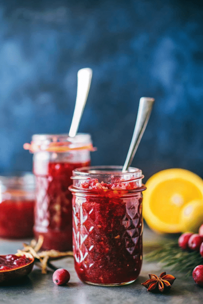 Close-up of freshly made Christmas jam in a glass jar with cinnamon and orange zest