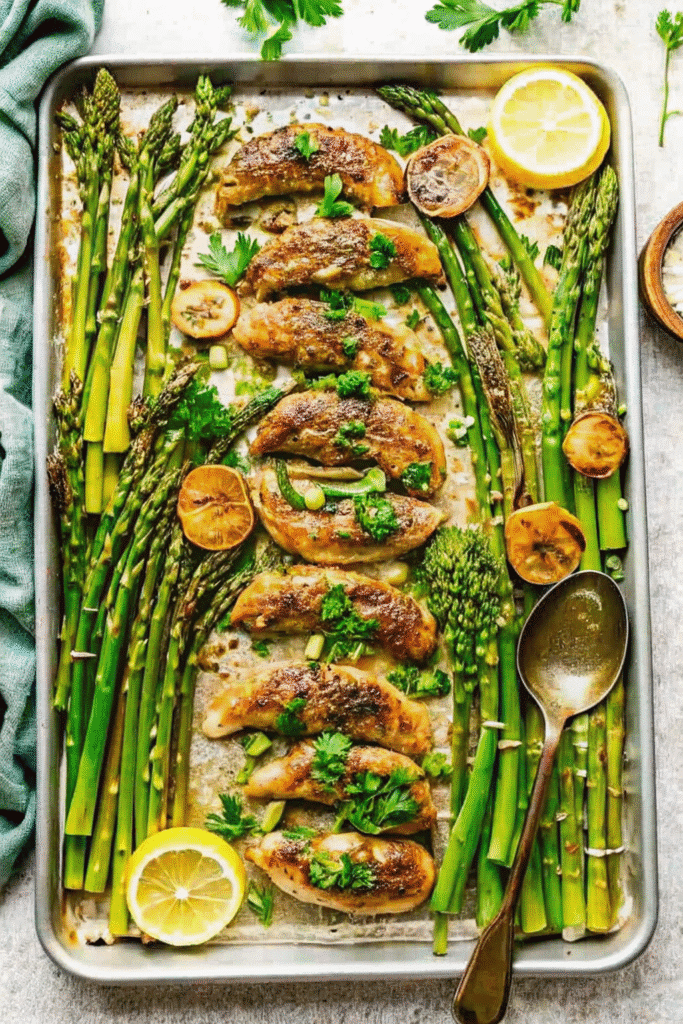 Baked Lemon Parmesan Chicken Tenders on a sheet pan, garnished with fresh lemon slices.
