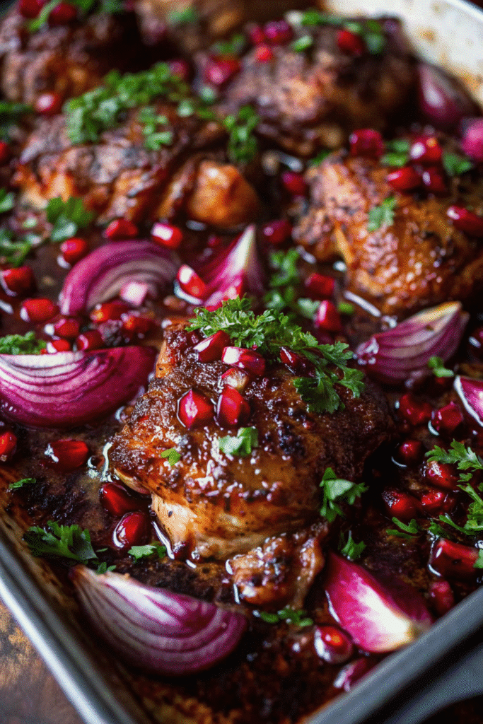 Oven-baked Pomegranate Chicken with glossy pomegranate-balsamic glaze and fresh parsley on top, served on a baking sheet.