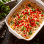 Texas Christmas Dip baked in a dish with melted cheddar, roasted peppers, and jalapeños on top.