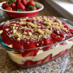 A freshly baked Strawberry Cheesecake Dump Cake in a 9×13-inch dish with golden cake topping and visible strawberry and cream cheese layers.