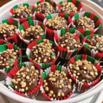 Close-up of Crockpot Christmas Crack with peanuts, chocolate, and white almond bark melting in a crockpot.