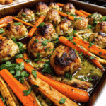 Sheet Pan Moroccan Chicken Meatballs roasted with caramelized carrots and garnished with fresh cilantro