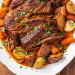 Slow-cooked Crock Pot Beef Brisket sliced on a plate with barbecue sauce and parsley garnish.