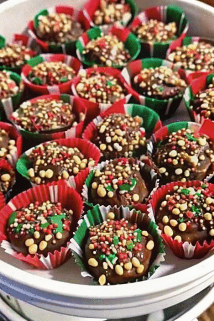 Alt Text: Spoonful of Crockpot Christmas Crack on parchment paper topped with holiday sprinkles.