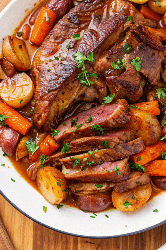 Juicy Crock Pot Beef Brisket fresh out of the slow cooker, ready to serve with vegetables.