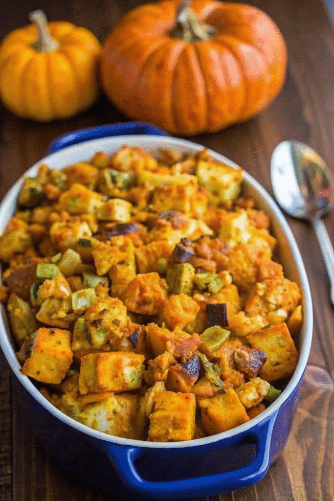 Close-up of creamy pumpkin stuffing with toasted bread cubes and herbs