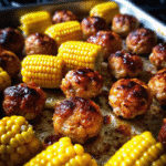 Sheet Pan BBQ Chicken Meatballs with roasted corn, golden and glazed with BBQ sauce.