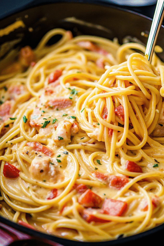 CrockPot Chicken Spaghetti Recipe 3 Hearty slow cooker chicken spaghetti with melted cheddar cheese and creamy sauce, ready to serve.