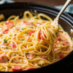 Creamy CrockPot Chicken Spaghetti served in a white bowl, topped with melted cheddar and shredded chicken.