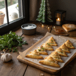 Golden, flaky Christmas Cheese Trees on a festive plate, sprinkled with fresh parsley and served with marinara sauce.