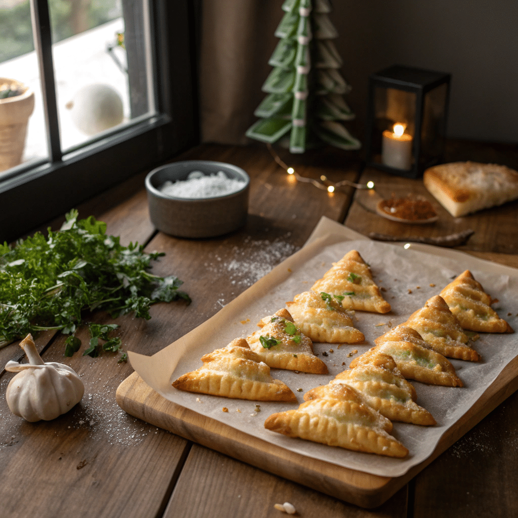 Golden, flaky Christmas Cheese Trees on a festive plate, sprinkled with fresh parsley and served with marinara sauce.
