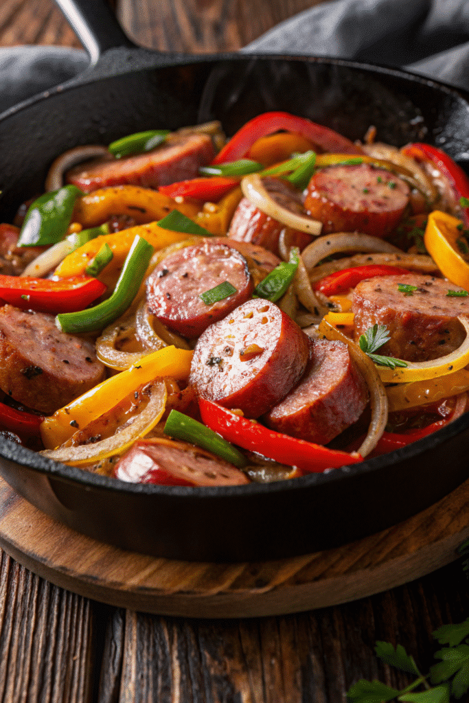 Crock Pot Sausage and Peppers Recipe 3 Close-up of Crock Pot Sausage and Peppers with melted cheese and toasted sub rolls on the side.