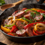 Slow-cooked Italian sausage with colorful bell peppers and onions in a rich marinara sauce in a crock pot.