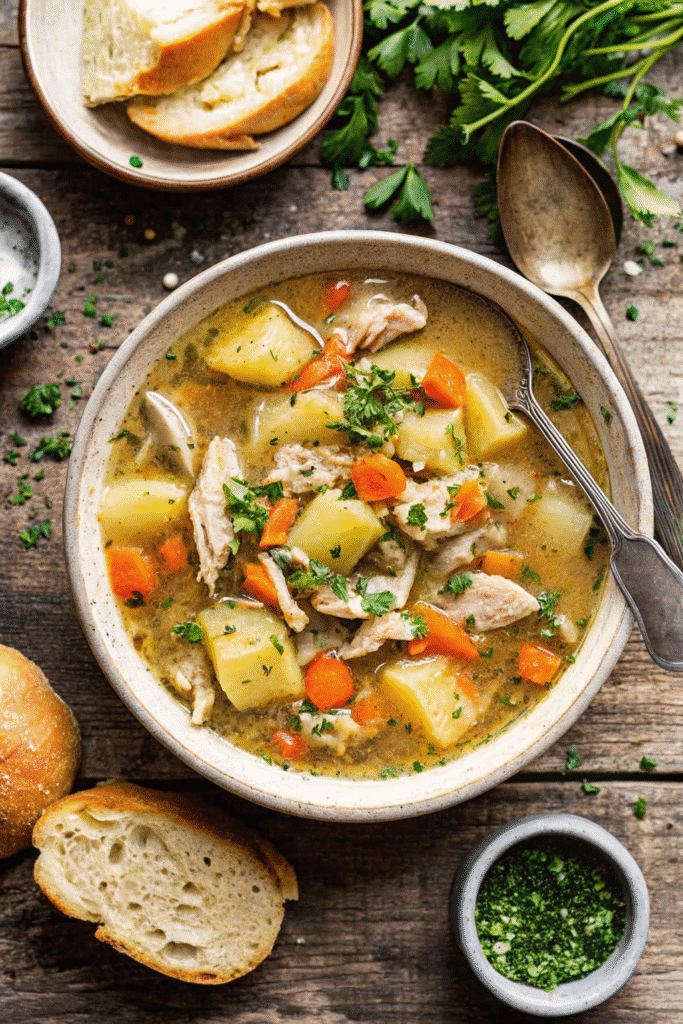 Easy Nourishing Chicken Stew Recipe 3 Close-up of Nourishing Chicken Stew showcasing tender chicken, golden potatoes, and colorful vegetables simmered in a rich, savory broth.