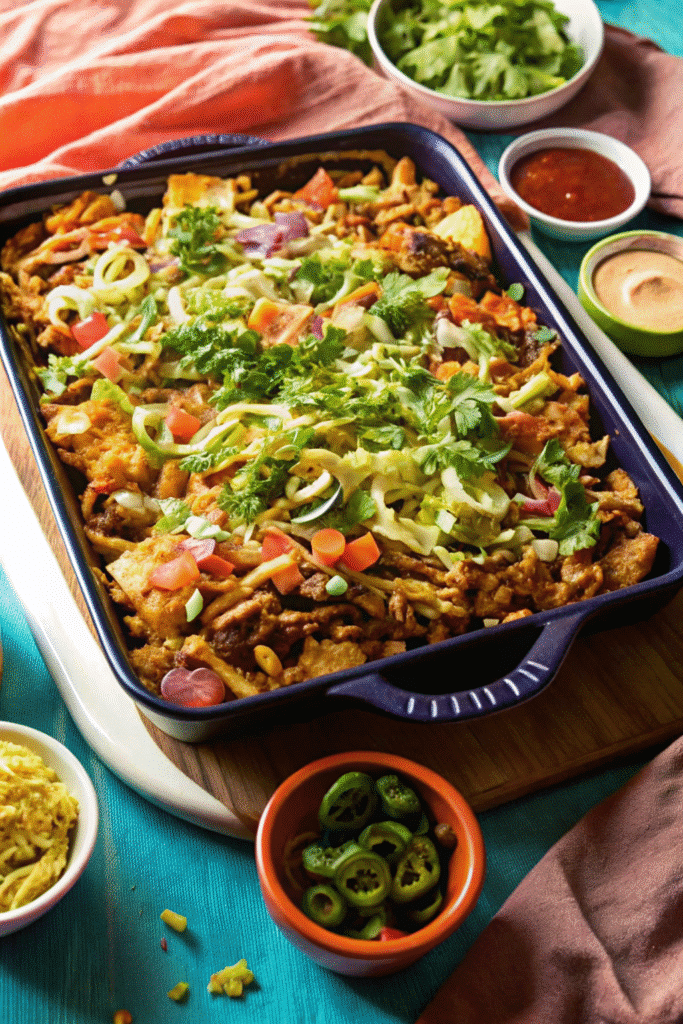 Easy Chicken Taco Dump Dinner in 35 Min 2 Oven-baked Chicken Taco Dump Dinner in a casserole dish topped with melted cheddar and taco-seasoned chicken